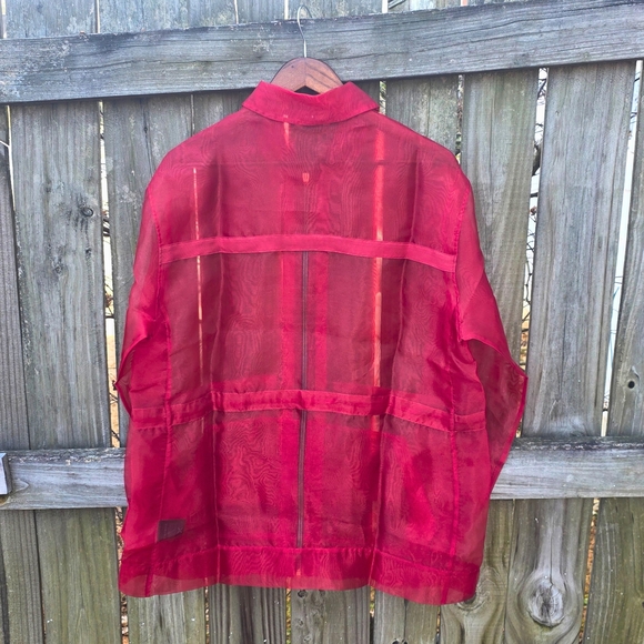 GSTQ Sheer Cinched Zip Jacket Valentine Red Gold Hardware Sz M Made in Portugal - Picture 6 of 9